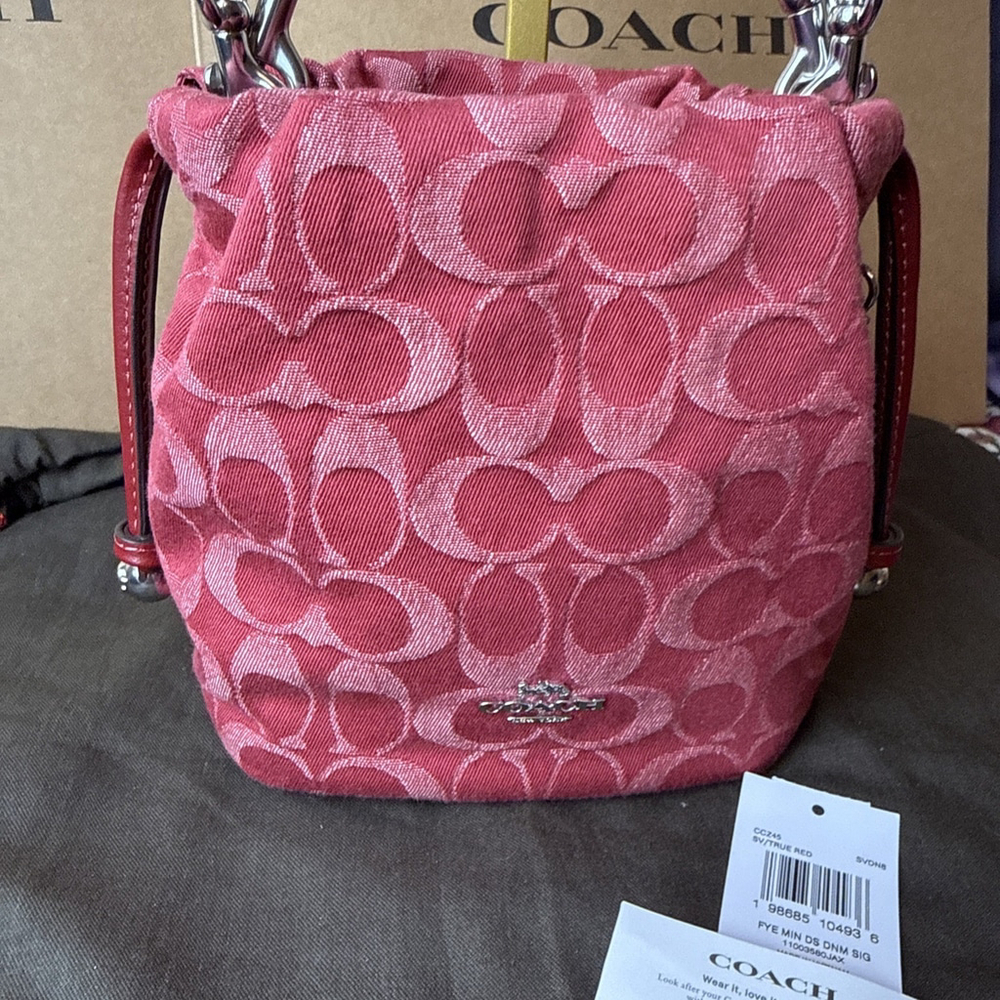 Coach Red Denim Mini Faye Drawstring Bag Crossbody NWT - Picture 3 of 10